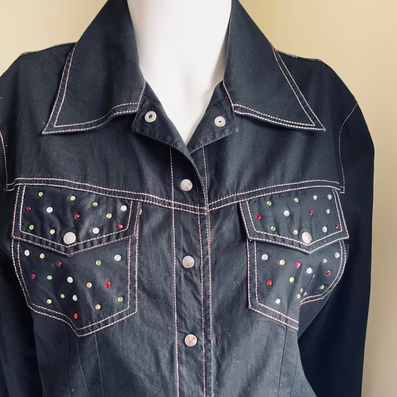 Black Cotton Collared Short Blazer Jacket colorful Jeweled beadings Rhinestones - Picture 6 of 16